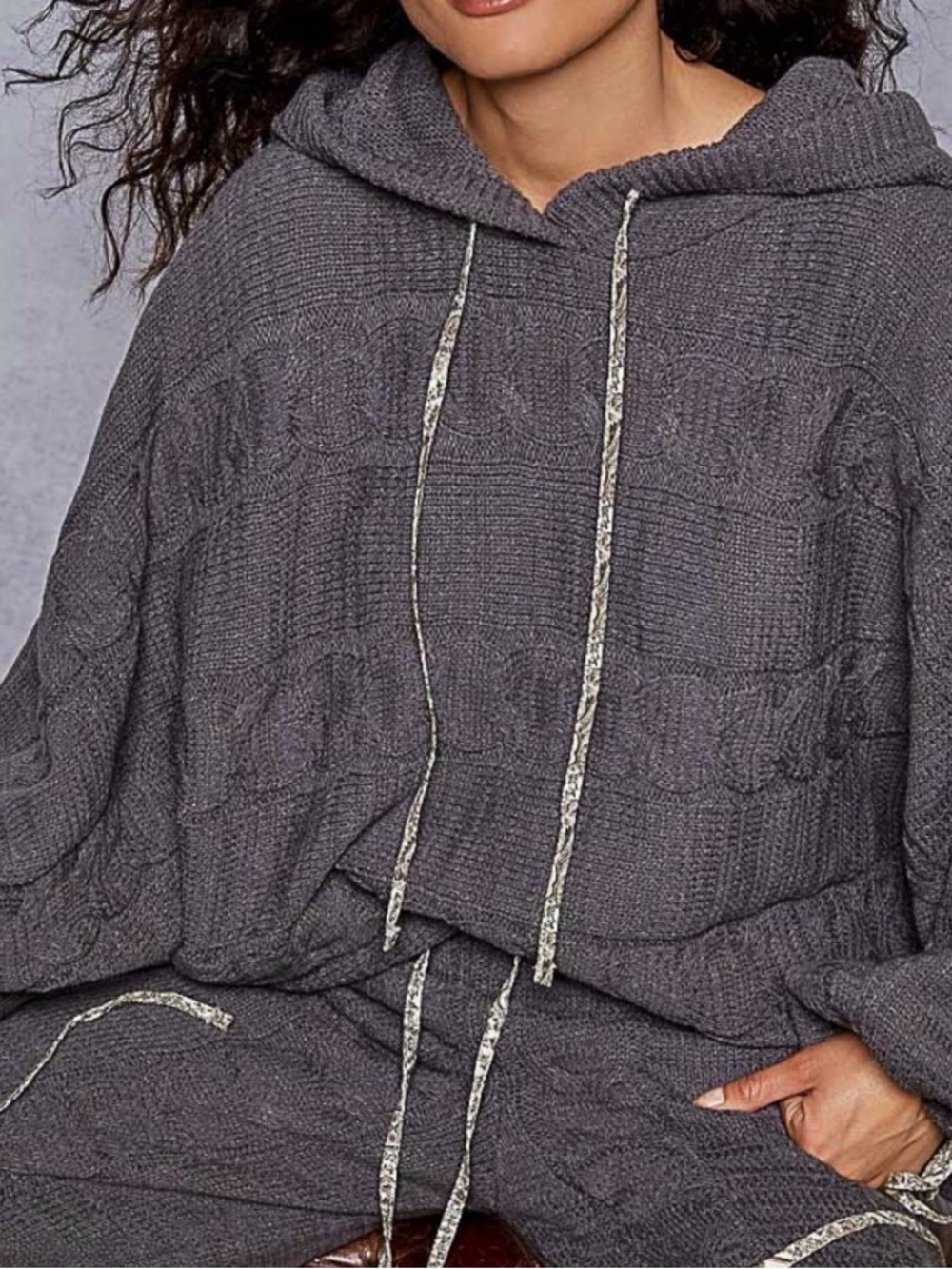 POL Charcoal Gray Cable-Knit Hoodie Sweater Set - Picture 4 of 10